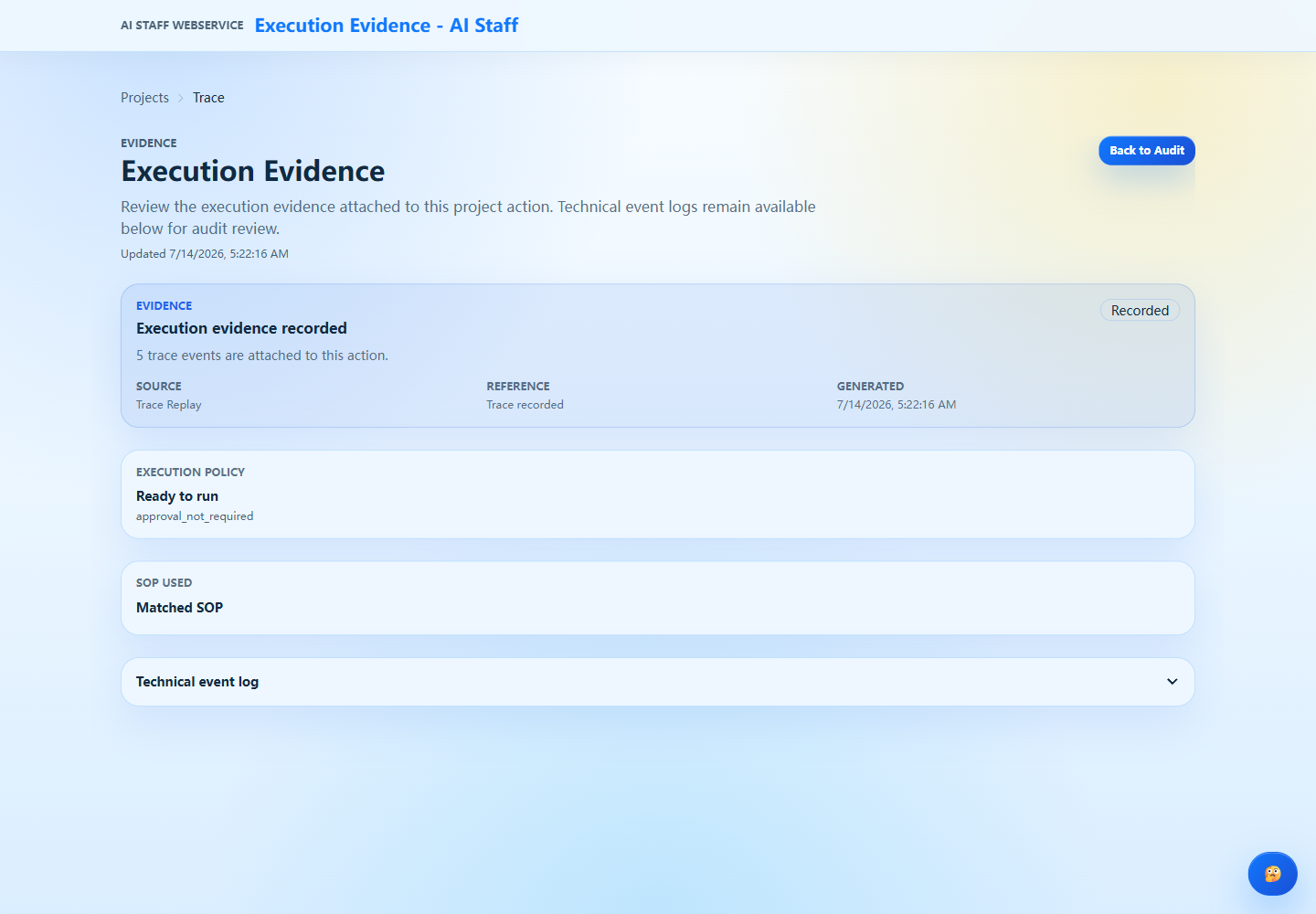 Execution evidence screenshot from a redacted LaneFrame test workspace