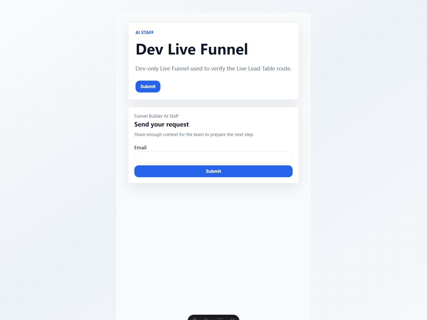 Funnel Builder LiveFunnel surface in a redacted LaneFrame test workspace