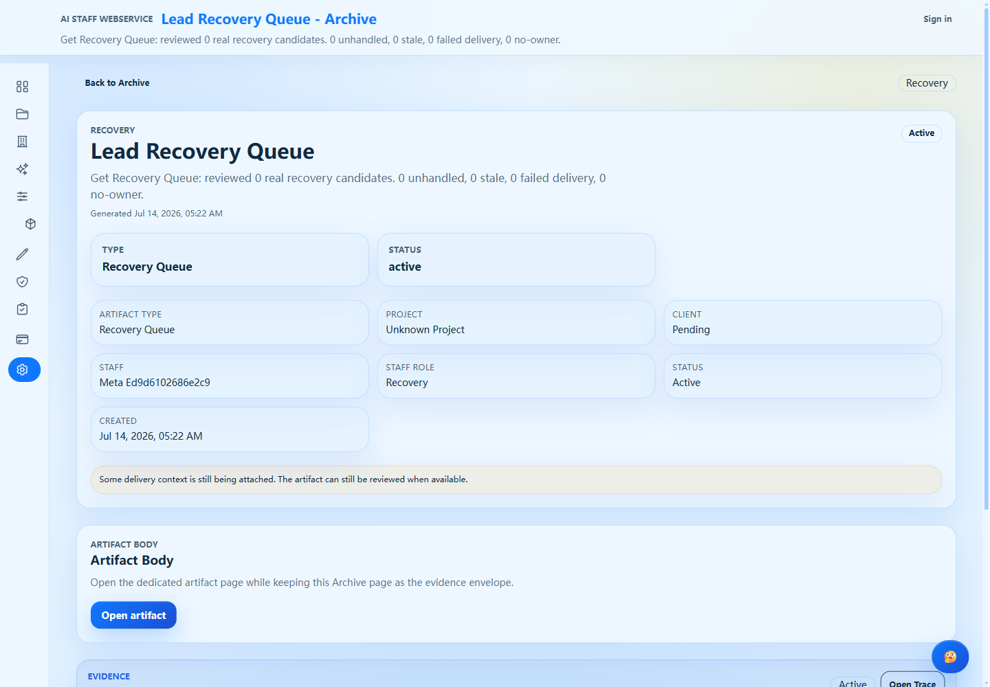 Recovery queue screenshot from a redacted LaneFrame test workspace